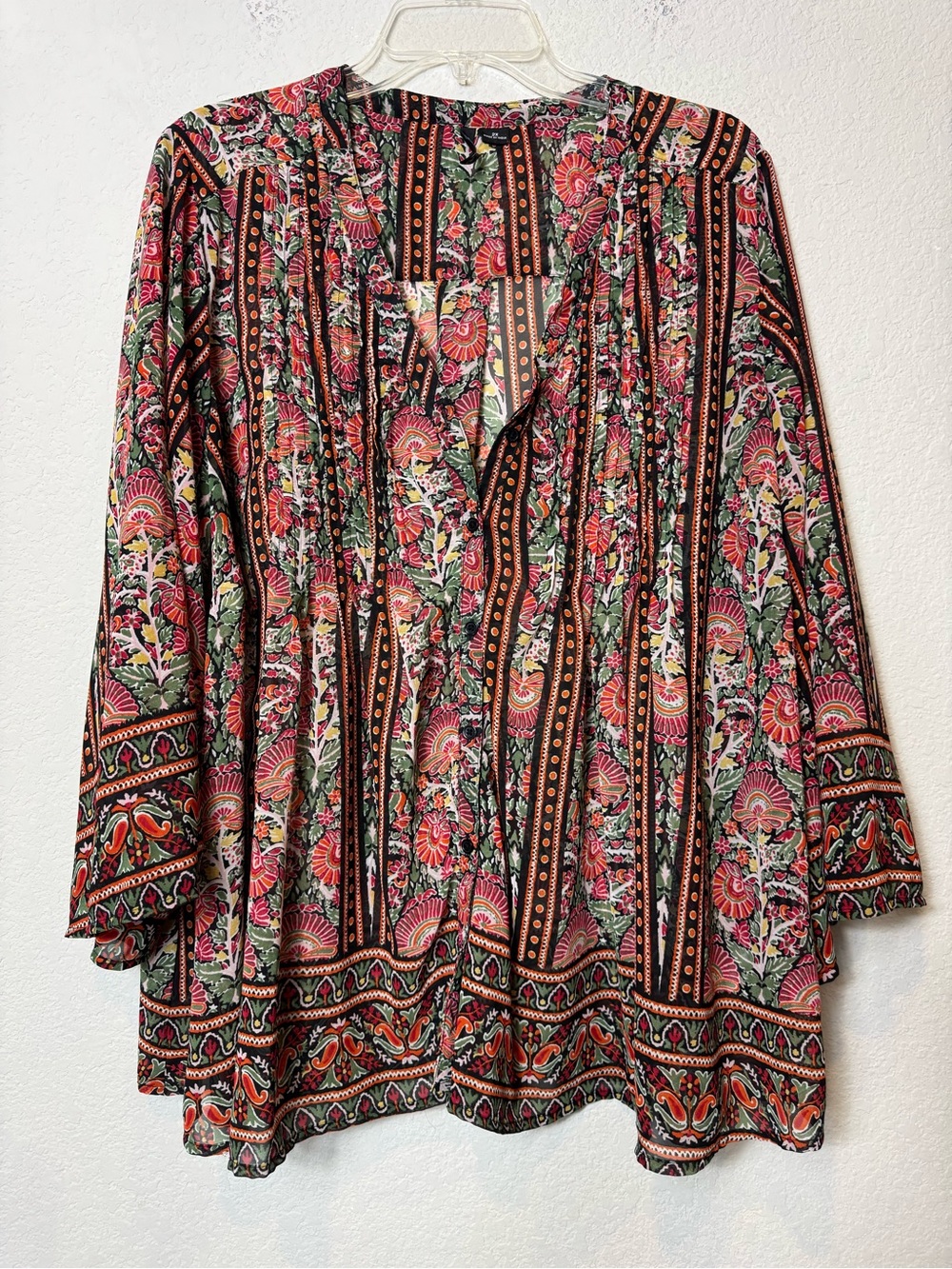 new directions Curvy Pink and Black Bohemian Floral Stripe Tunic Sheer Layer 2X